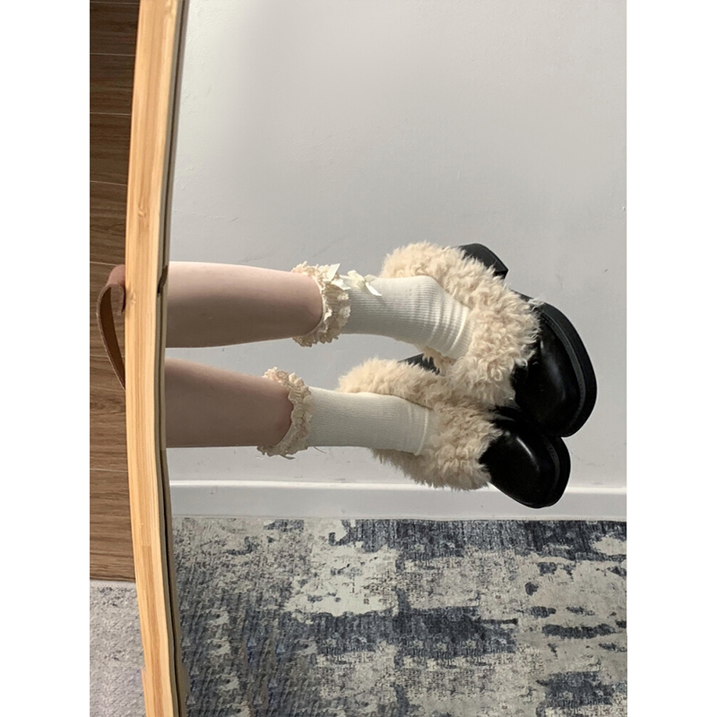 黑色粗跟小皮鞋女2025新款秋冬加绒保暖毛毛鞋玛丽珍一脚蹬高跟鞋