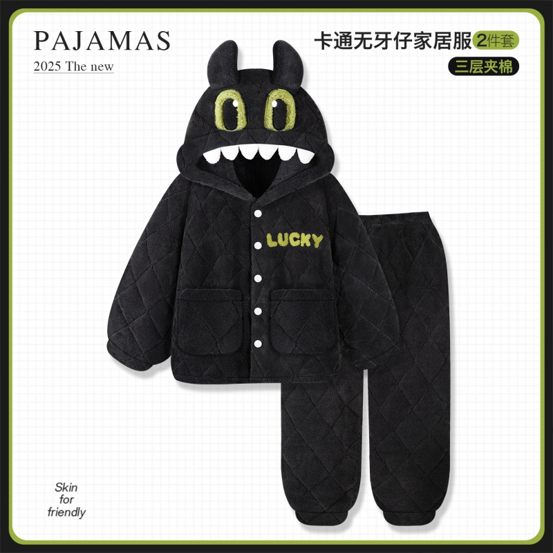 无牙仔睡衣男款冬季三层夹棉袄珊瑚绒加厚加绒保暖连帽家居服套装