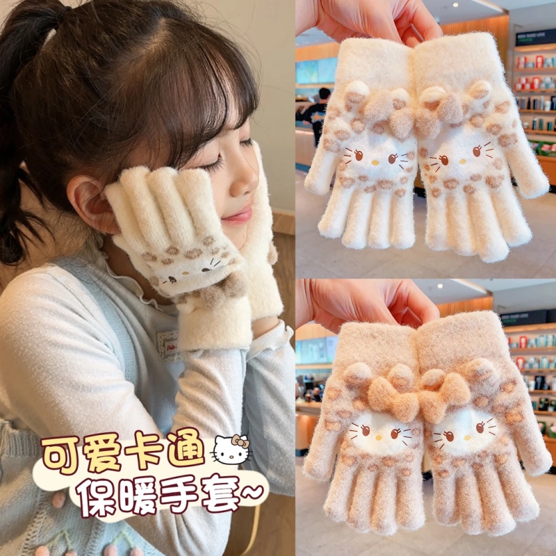 儿童手套加厚五指女童冬天保暖防寒防冻kitty猫分指手套小孩学生