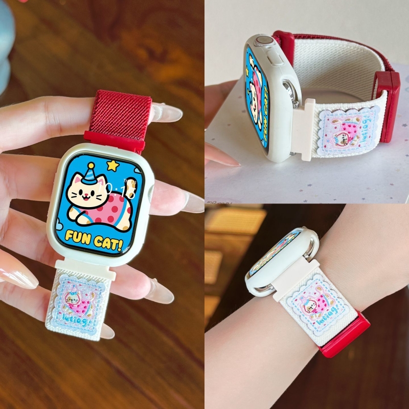 粉色猫咪适用苹果手表s11表带s10弹力编织磁吸扣9/8/7/6/5/4腕带高级新款撞色小米手环9pro腕带8pro