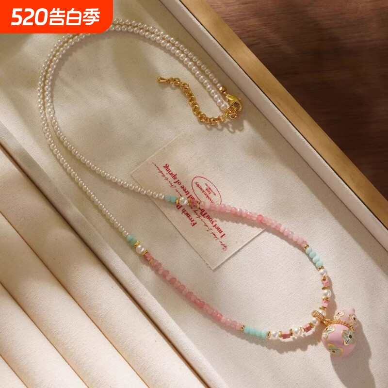 新中式国风珐琅粉色葫芦项链女轻奢高级感串珠锁骨链吊坠2025新款