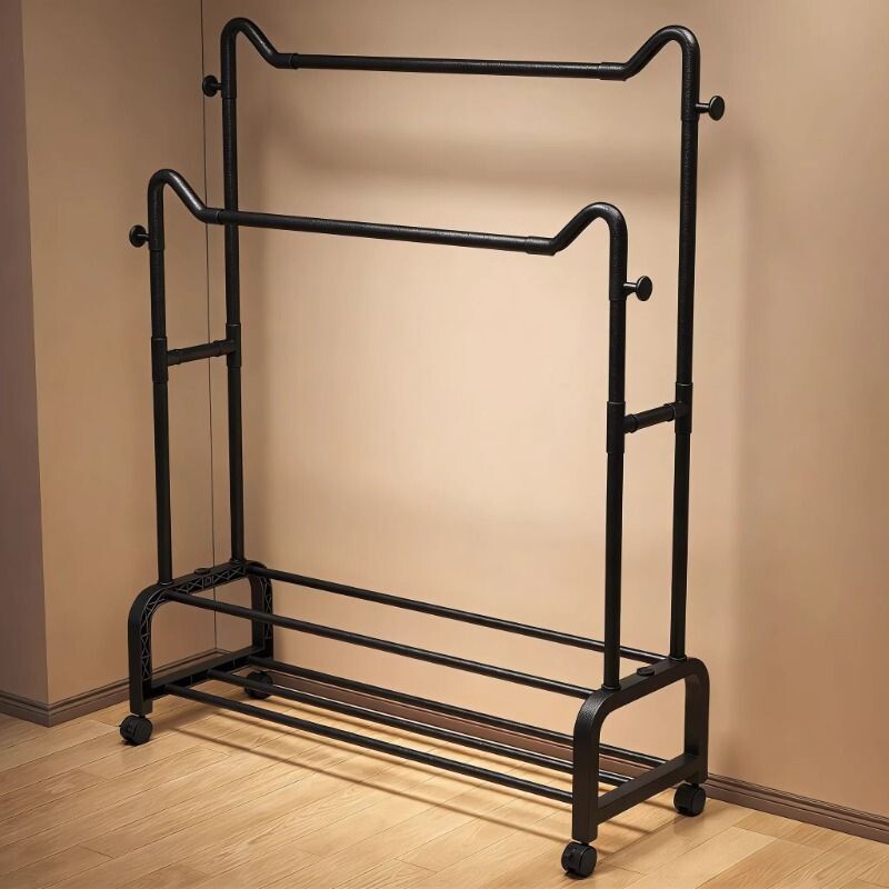 简易衣架家用卧室落地双杆挂衣服架子室内阳台衣杆架可移动衣帽架