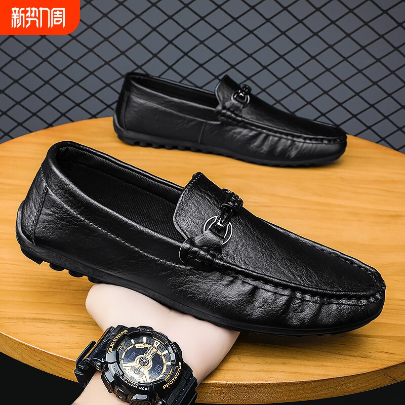 热风新春季男鞋商务正装英伦休闲工作黑色皮鞋运动一脚蹬开车豆豆