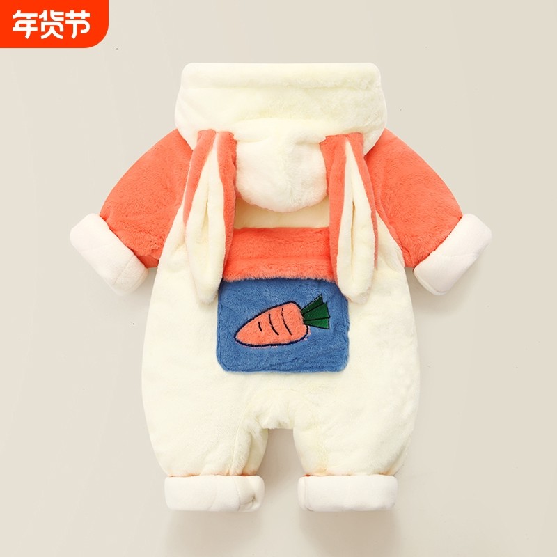 冬季婴儿衣服新生儿连体外出抱衣男女宝宝满月服爬服加绒保暖套装