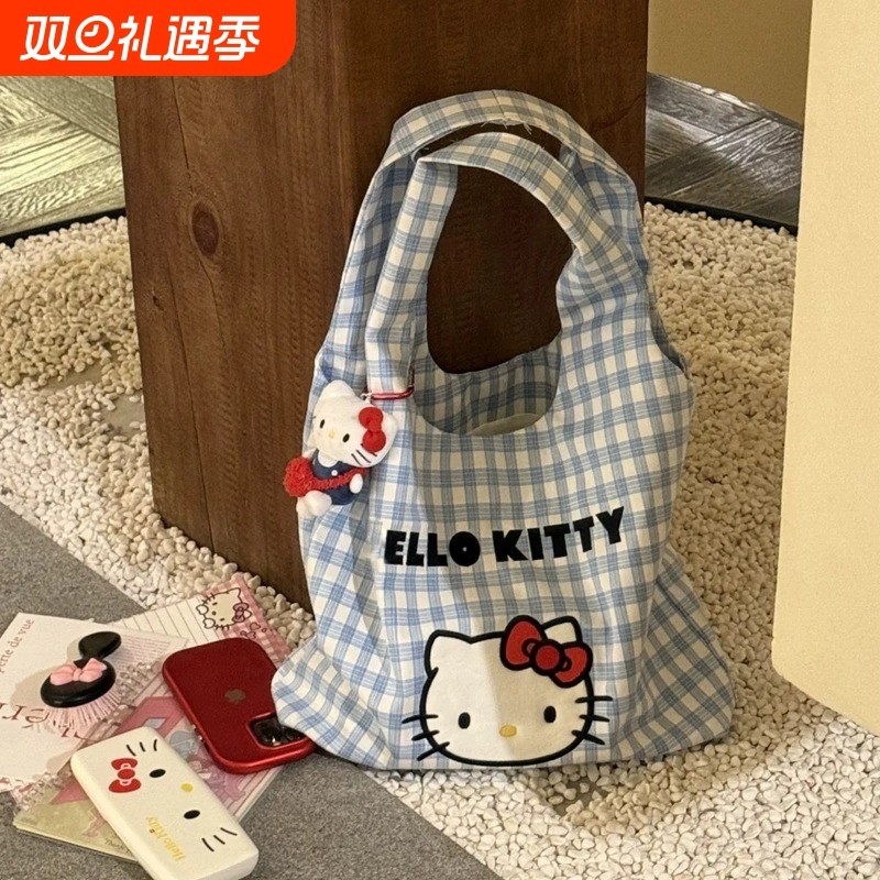 HelloKitty格子手提包包春夏正流行大容量帆布包学生上班族