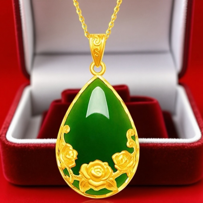 镀图腾镶嵌和田玉碧水玫瑰花吊坠