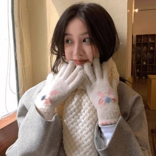 可爱蝴蝶结 加绒加厚保暖 可触屏分指防寒手套 针织手套女 秋冬季