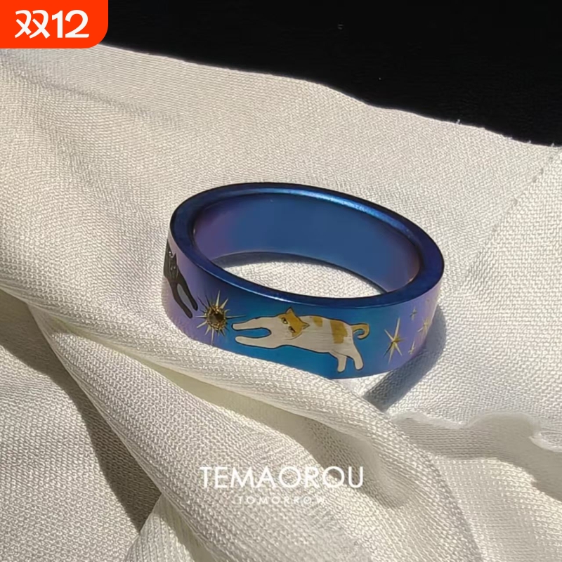 vintager中古【双猫摘星】宽面炫彩蓝戒指星芒食指戒小众设计指环