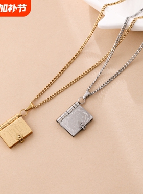 欧美信封18k金不锈钢镀金情侣爱心开合书本吊坠项链时尚钛钢项链