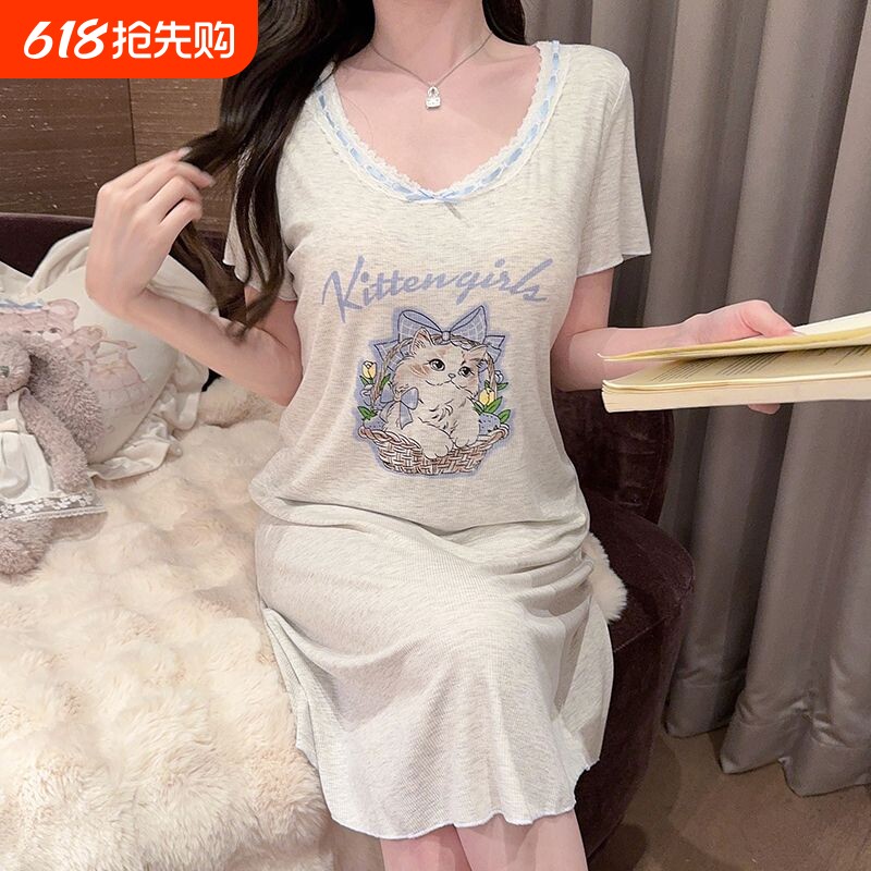 胸垫可外卡通猫咪印花短袖睡裙夏季轻薄2025新款连衣裙家居服