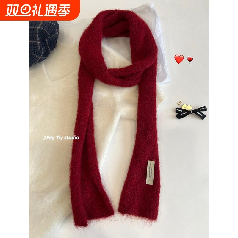 韩国小众设计卷边窄细长条马海毛小围巾辣妹穿搭秋冬保暖