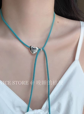 松蓝海韩版爱心字母蓝绳项链简约个性百搭高级感锁骨链可调节蓝色
