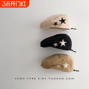 复古儿童帽子春秋季新款洋气贝雷帽男女宝宝前进帽冬五角星黑色