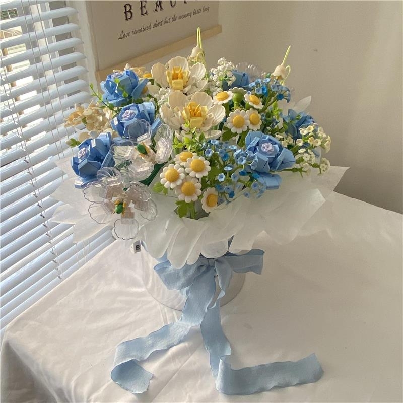 中国积木花束永生玫瑰花束拼装玩具真花女生系列送女孩节兼容乐高