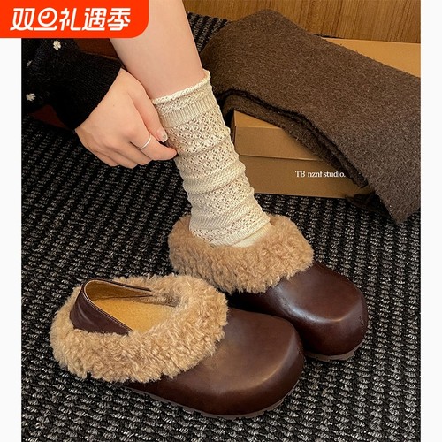 棕色厚底加绒两穿勃肯鞋女款2025新款冬季加厚保暖毛毛棉鞋子防滑