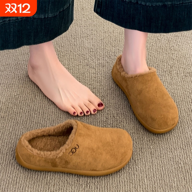 毛毛勃肯鞋女半拖外穿2025新款爆款冬季一脚蹬女鞋加绒包头棉拖鞋
