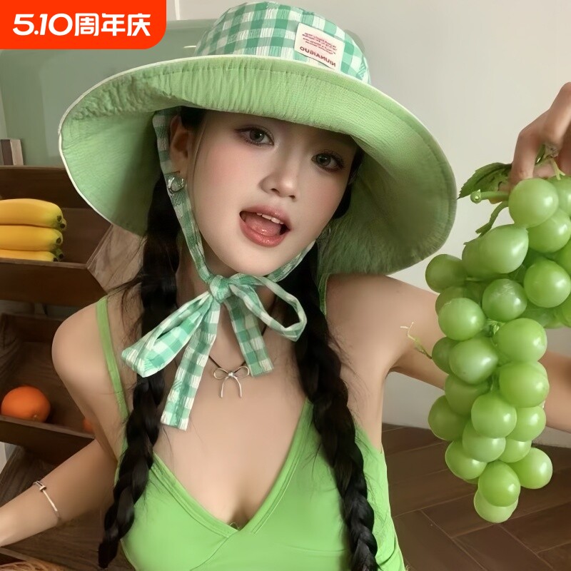 ins渔夫帽女夏户外出游大帽檐防晒遮阳帽子可折叠大檐绿色红色