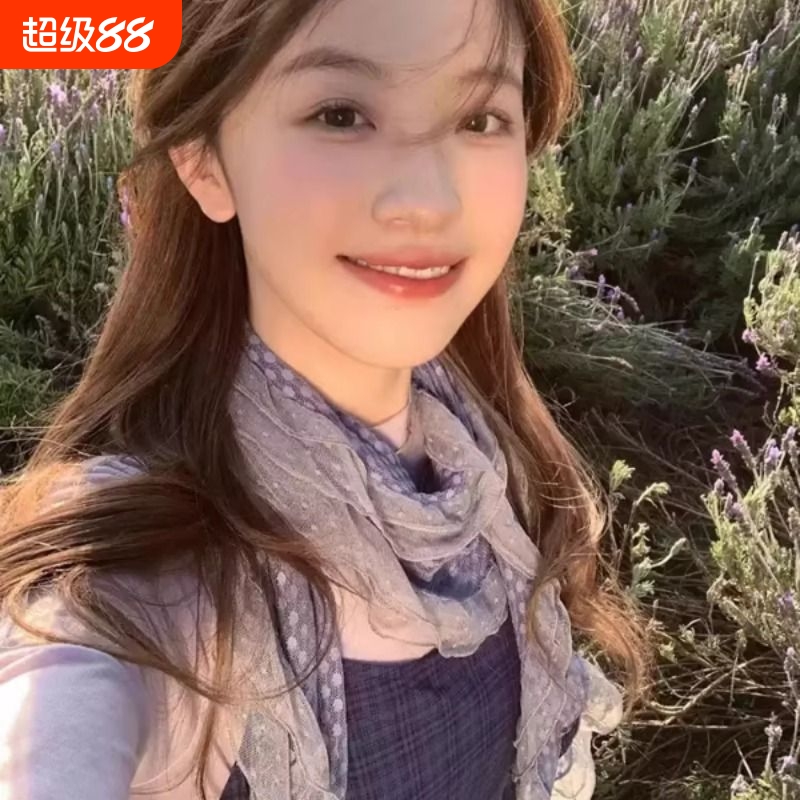 藤井树同款古早灰蓝色波点蕾丝边丝巾木耳边长款围脖拍照薄款围巾