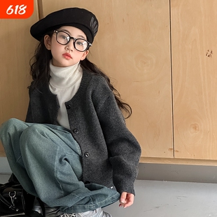 韩系女童针织开衫新款灰色毛衣洋气冬季上衣大童加厚外套韩版