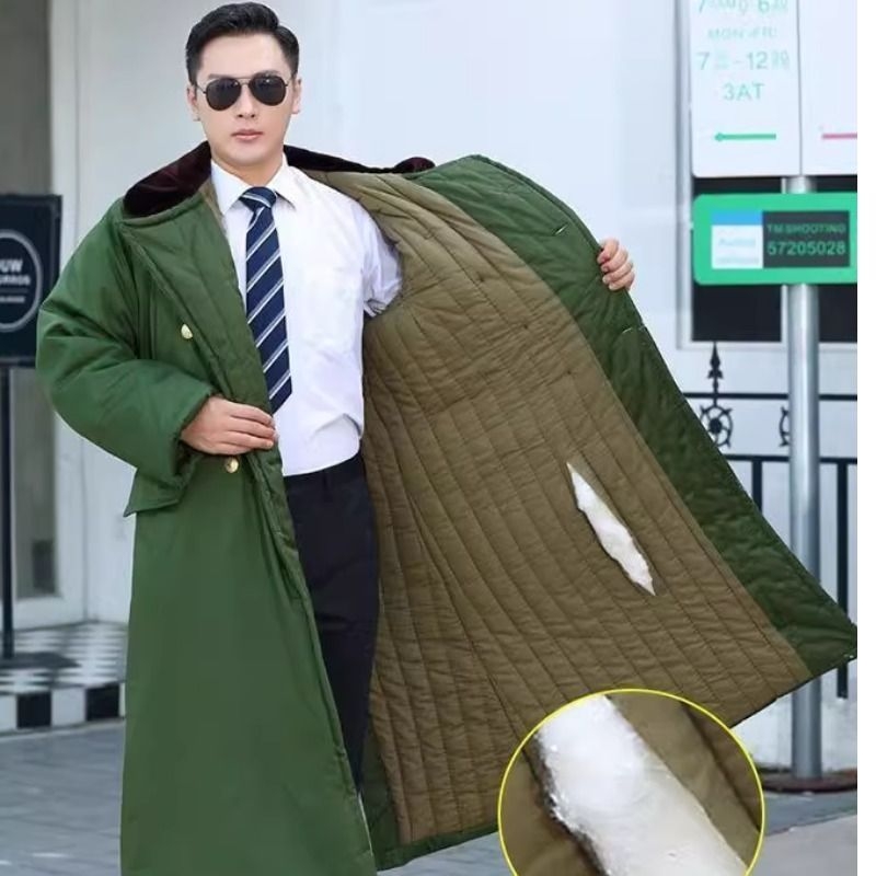棉大衣男冬季防寒服劳保绿棉袄老式风衣棉衣零下中长款长绒棉军绿