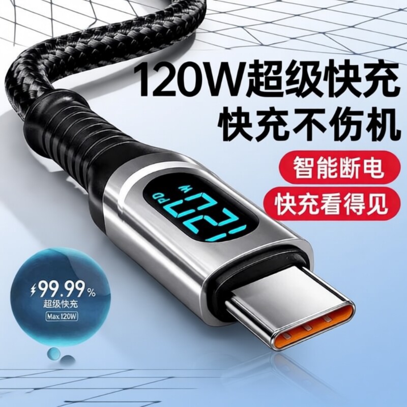 120W超级快充数据线Type-C智能断电数字显示适用三星华为小米OPPO闪充vivo手机充电线全兼容多功能快速数据线