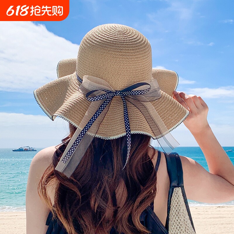 2025大檐草帽太阳帽遮阳凉帽女海边蝴蝶结夏新款防晒时尚沙滩