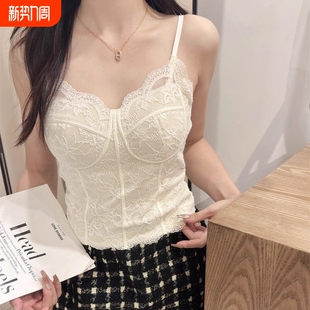 法式 纯欲显瘦内搭蕾丝秋冬磨毛一体杯吊带背心上衣外穿白色黑色