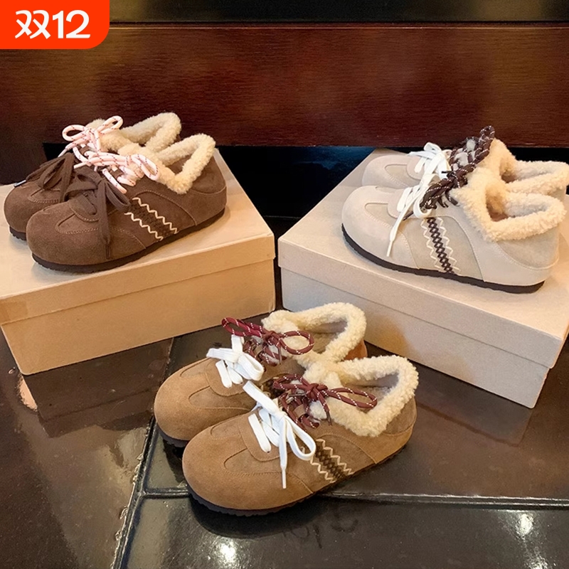 复古内增高毛毛鞋勃肯鞋女2025秋冬季新款加绒保暖系带德训鞋棉鞋