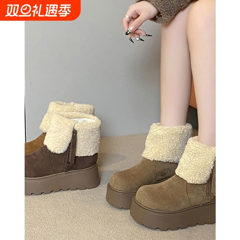 厚底增高雪地靴女2025新款冬季加绒保暖毛毛短靴丑萌大头棉鞋防水