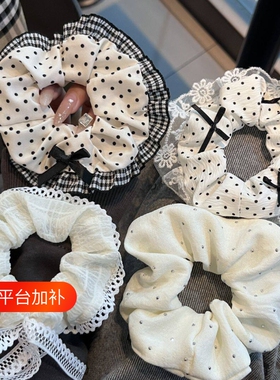 大肠发圈发饰真丝头绳高级感飘带花朵蕾丝双层蝴蝶结花边紫色白色