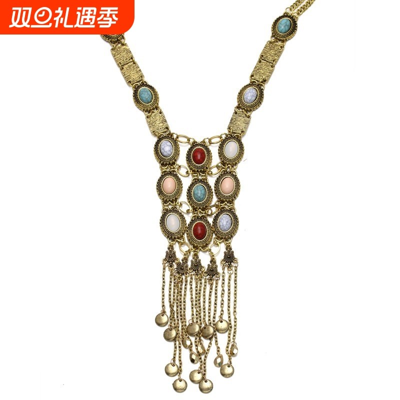 波西米亚风格长款流行元素流苏项链女配饰挂件多层次吊坠珍珠链