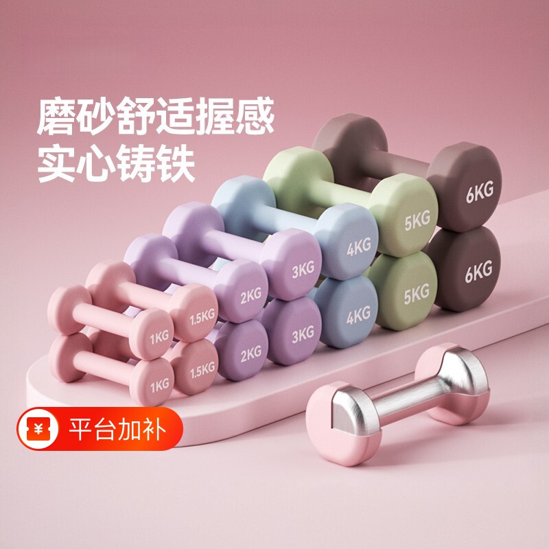 哑铃女士健身家用2kg一对纯铁浸塑男青少年锻炼瘦手臂实心小哑铃