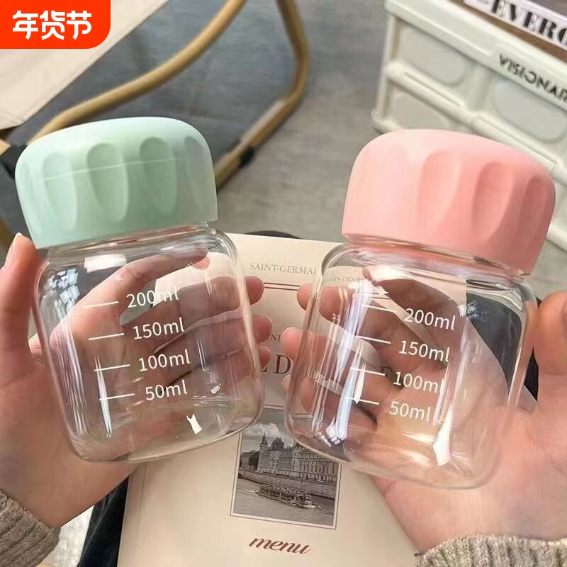 玻璃水杯胖胖杯女便携高颜值带盖迷你透明豆浆杯带刻度牛奶小巧