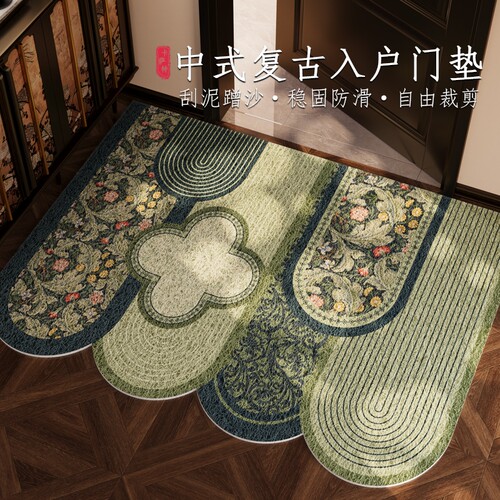 复古风高级感入户门地垫丝圈进门垫中古风绿色耐脏防滑门口脚踏垫