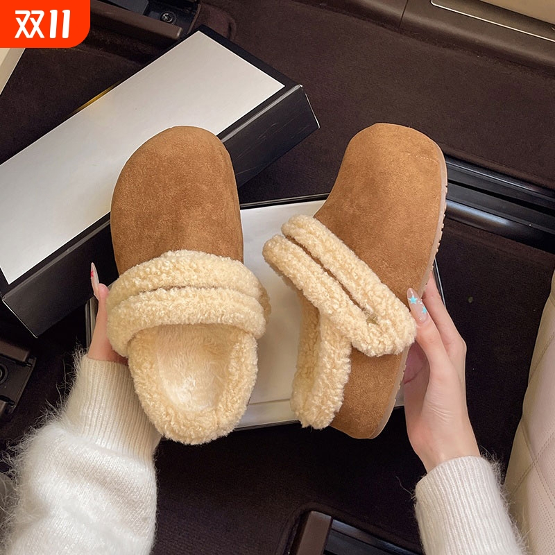 白色包头厚底毛毛拖鞋女外穿2025新款秋冬加绒保暖一脚蹬勃肯棉鞋