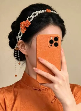 中式旗袍汉服发链橙色刺绣发箍女