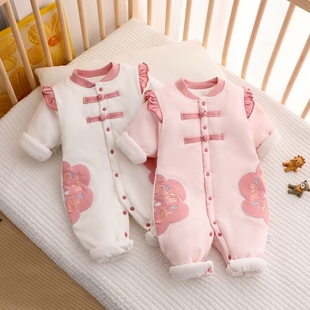 婴儿连体棉袄夹棉加厚新生儿棉衣中国风0 12个月宝宝棉服春