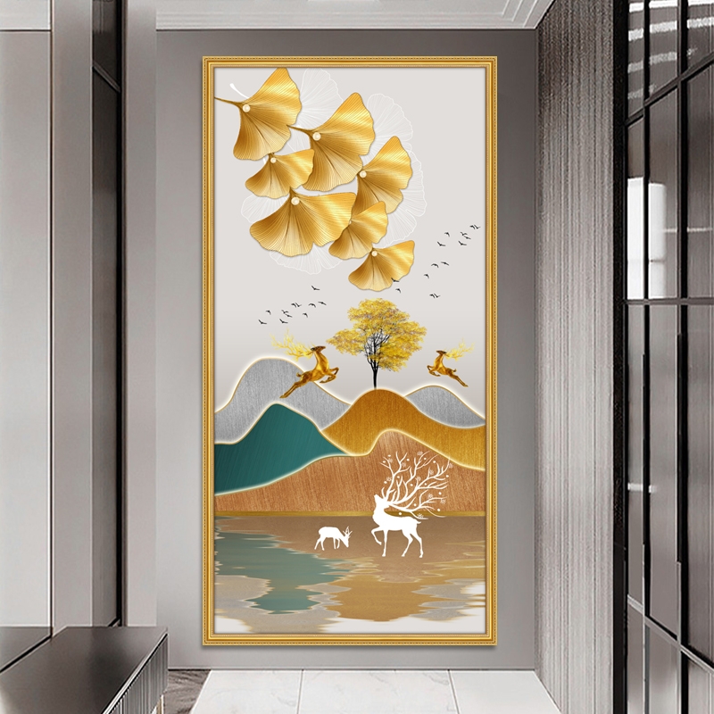 玄关装饰画轻奢银杏叶走廊尽头挂画现代简约山水麋鹿过道装饰壁画