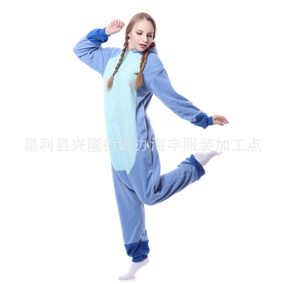 拉链纽扣可爱长袖摇粒绒蓝色史迪仔连帽卡通动物连体睡衣情侣家居