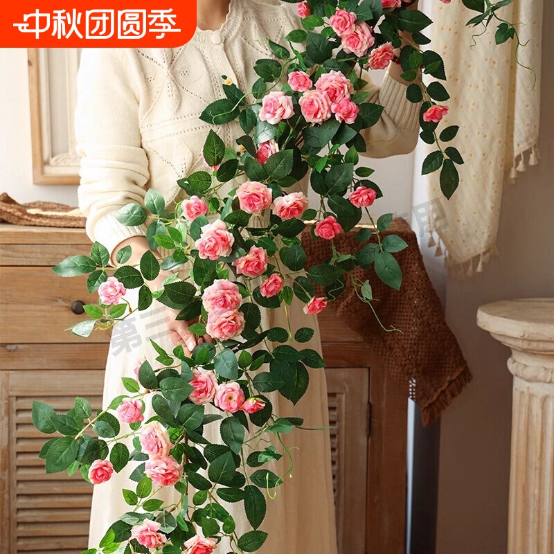 仿真玫瑰花藤蔓客厅室内阳台空调管道庭院装饰假花藤条墙壁挂绿植图片