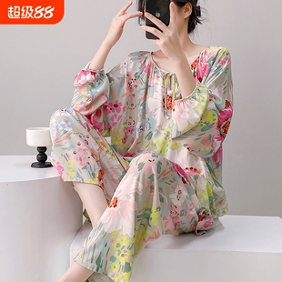 棉绸睡衣女士春秋夏长袖长裤绵绸家居服人造棉套装大码宽松薄长款