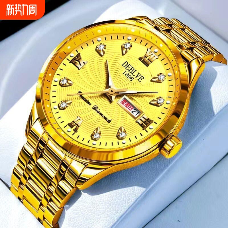 正品瑞士2024新款手表男士全自动机械风防水精钢带双日历男表夜光