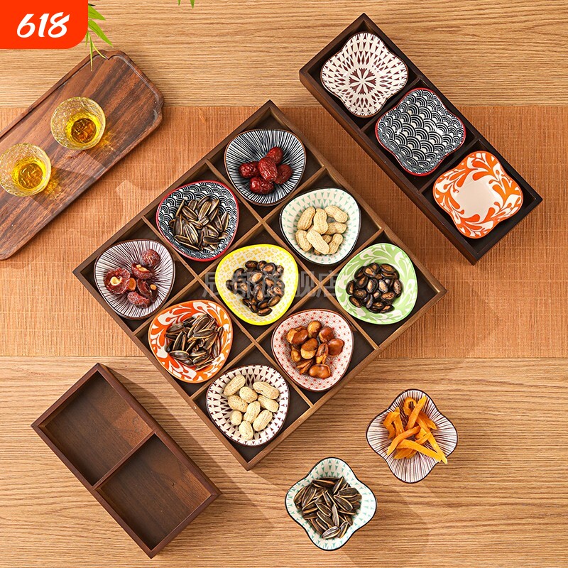 胡桃木色九宫格托盘家用干果盘水果零食盘围炉煮茶点心分格盘带盖
