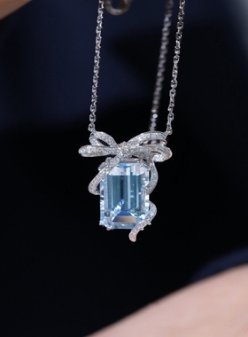 2022新款日系项链海蓝宝吊坠轻奢小众设计感蓝色蝴蝶结水晶首饰女