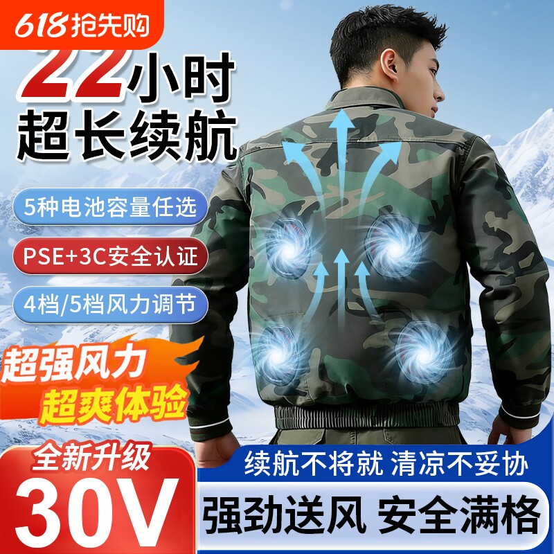 30V空调服迷彩风扇夹克男夏季降温工装风户外半导体制冷风扇外套