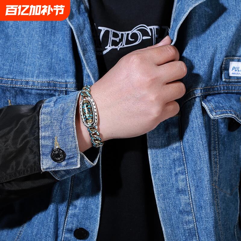 绿松石六字真言九眼天珠手链镀银男士运转潮人个性女国潮国潮风