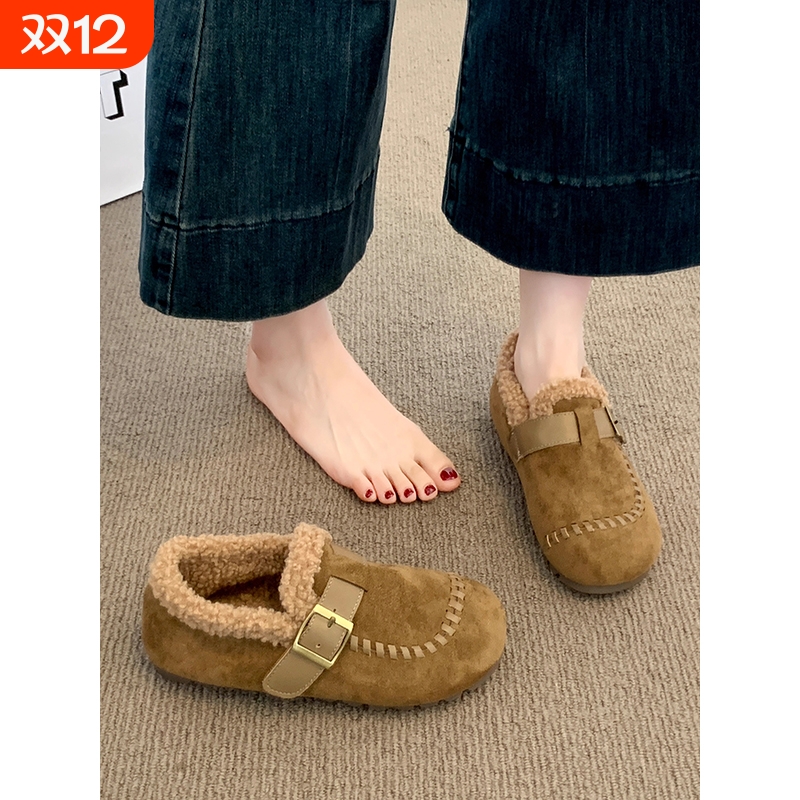 加绒勃肯鞋女2025秋冬季新款厚底一脚蹬懒人豆豆鞋毛毛乐福棉鞋子