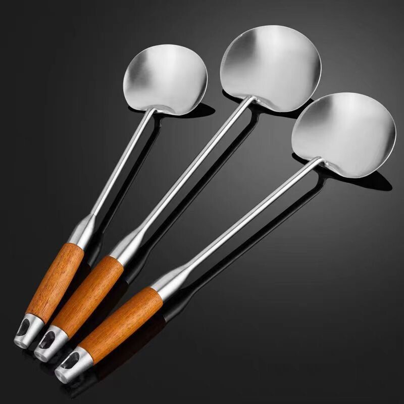 锅铲316不锈钢铲子汤勺贵州厨师家用打菜勺长柄厨具商用炒勺木柄