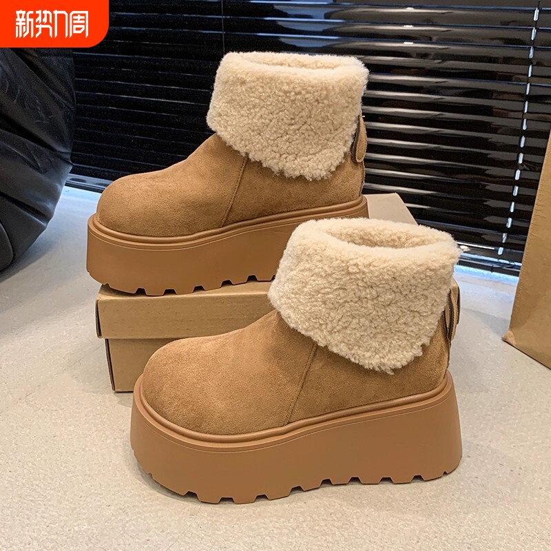 雪地靴厚底增高女款2025秋冬季加绒保暖毛毛短靴丑萌大头棉鞋高跟