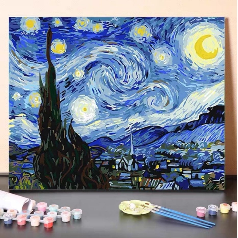 星月夜梵高星空世界名画填充填色diy数字油画风景装饰画猫咪颜料